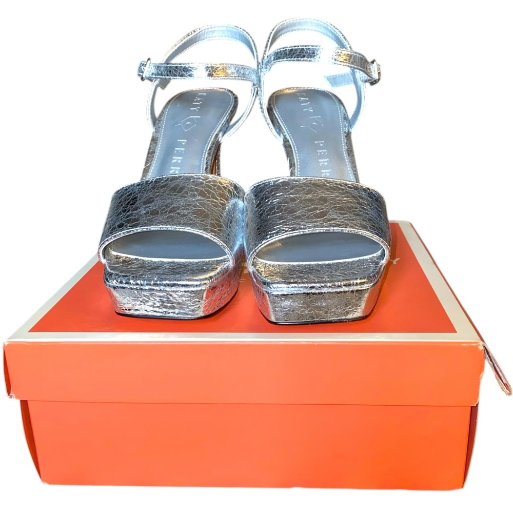 Katy Perry Collections Square Open Platform Sandal Heel in Silver Metallic NIB - Picture 5 of 9